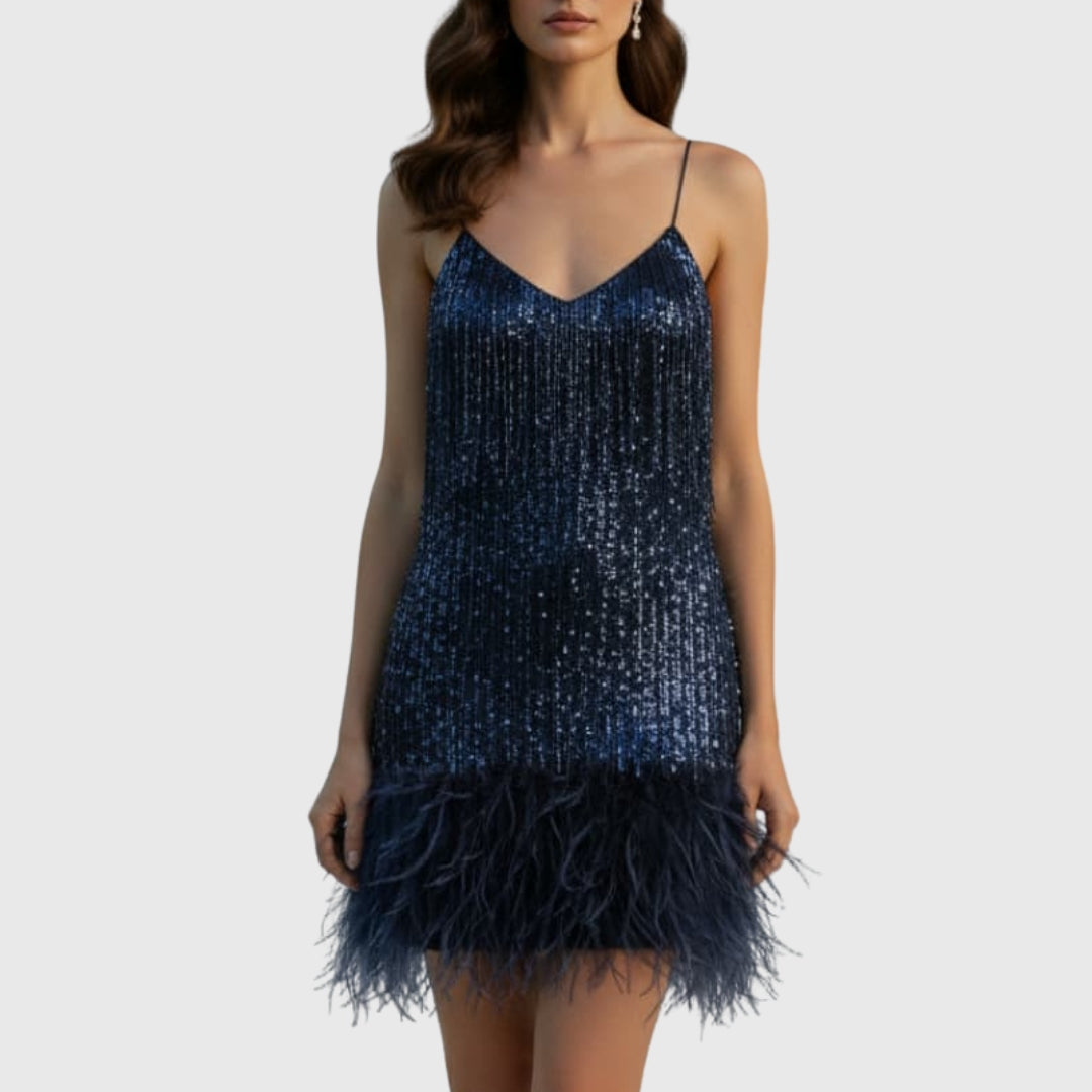 Robe mini sequins bleu marine avec plumes, vue de face