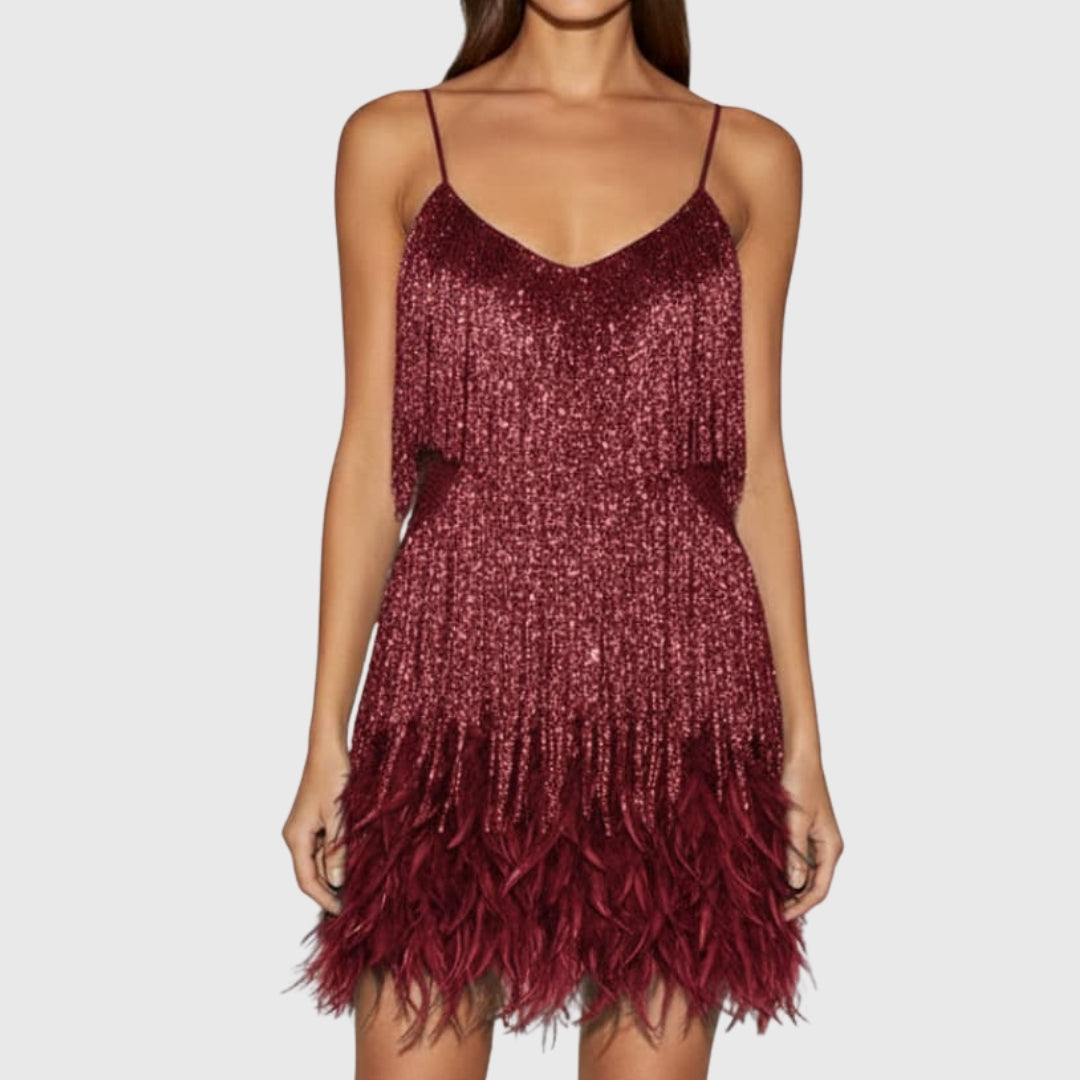 Robe mini sequins bordeaux avec plumes, vue de face