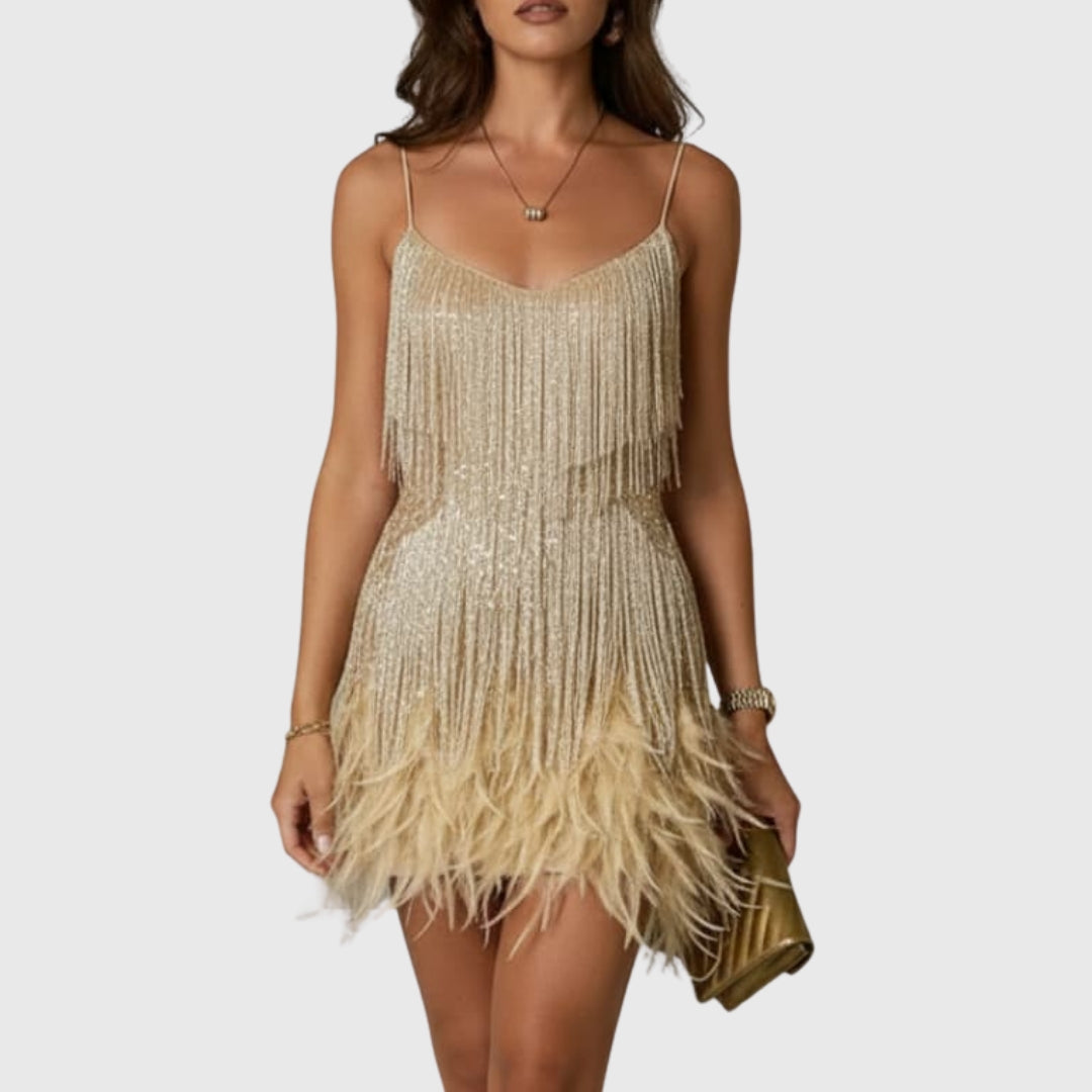 Robe mini sequins or doré à plumes, vue de face