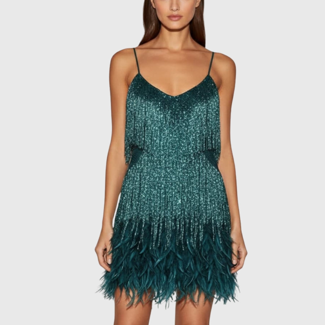 Robe mini sequins vert sarcelle avec bordure en plumes, vue de face