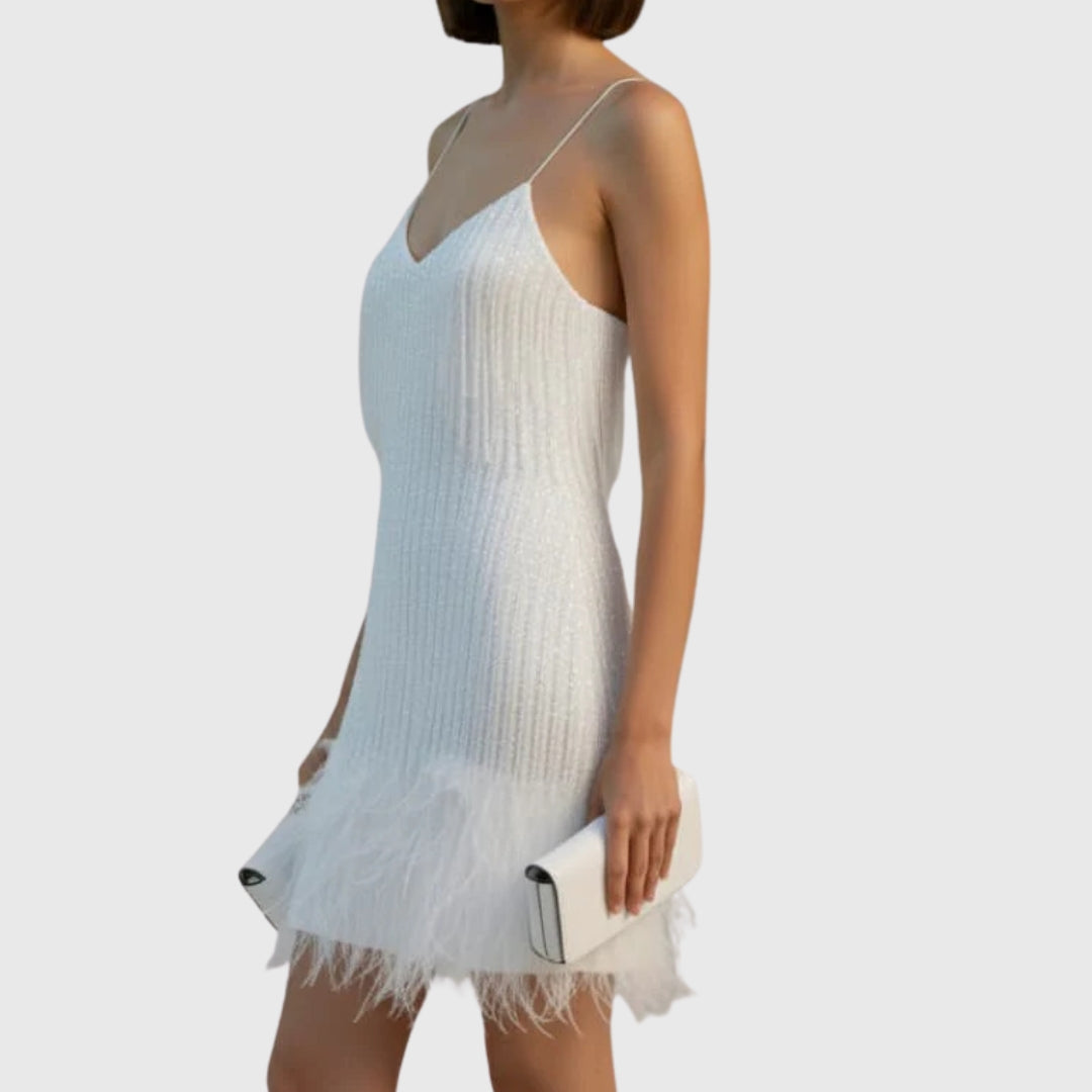 Robe mini sequins blanc argenté avec plumes, vue de dos