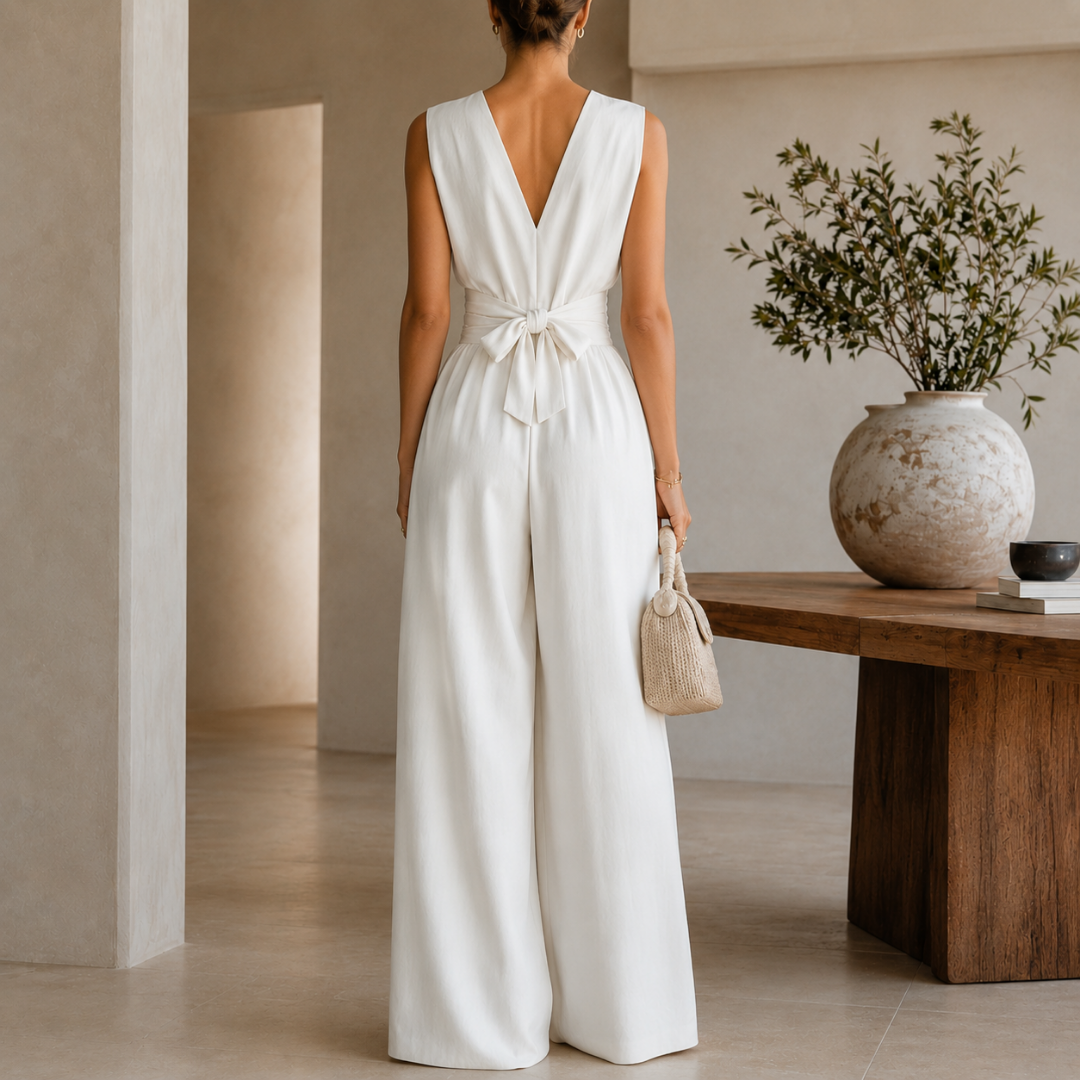 Combinaison Femme Longue Col V Sans Manches Jambes Larges Ceinture Taille Élégante Été | Yasmine
