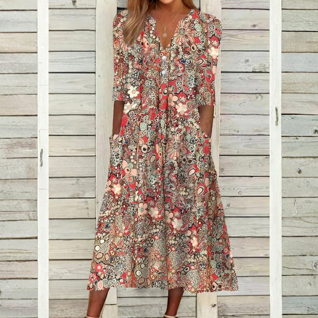 Robe midi femme imprimé floral fond rouge, col V avec boutonnage, sans manches, coupe fluide bohème
