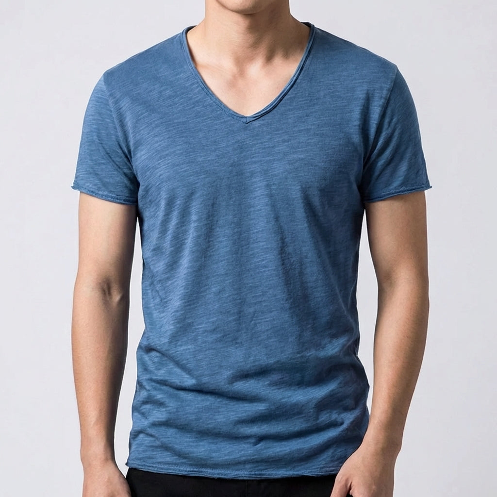 T-shirt homme bleu à col en V et manches courtes, coupe ajustée