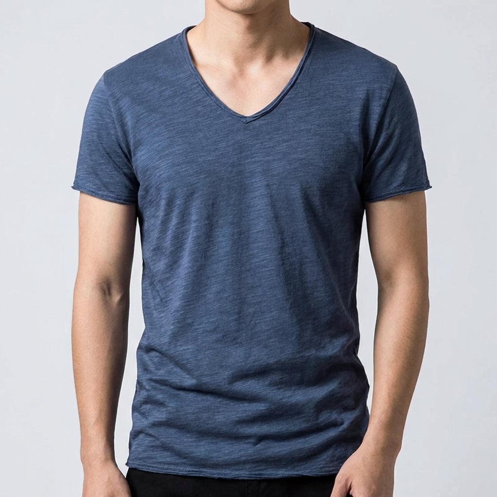 T-shirt homme bleu marine à col en V et manches courtes, coupe ajustée