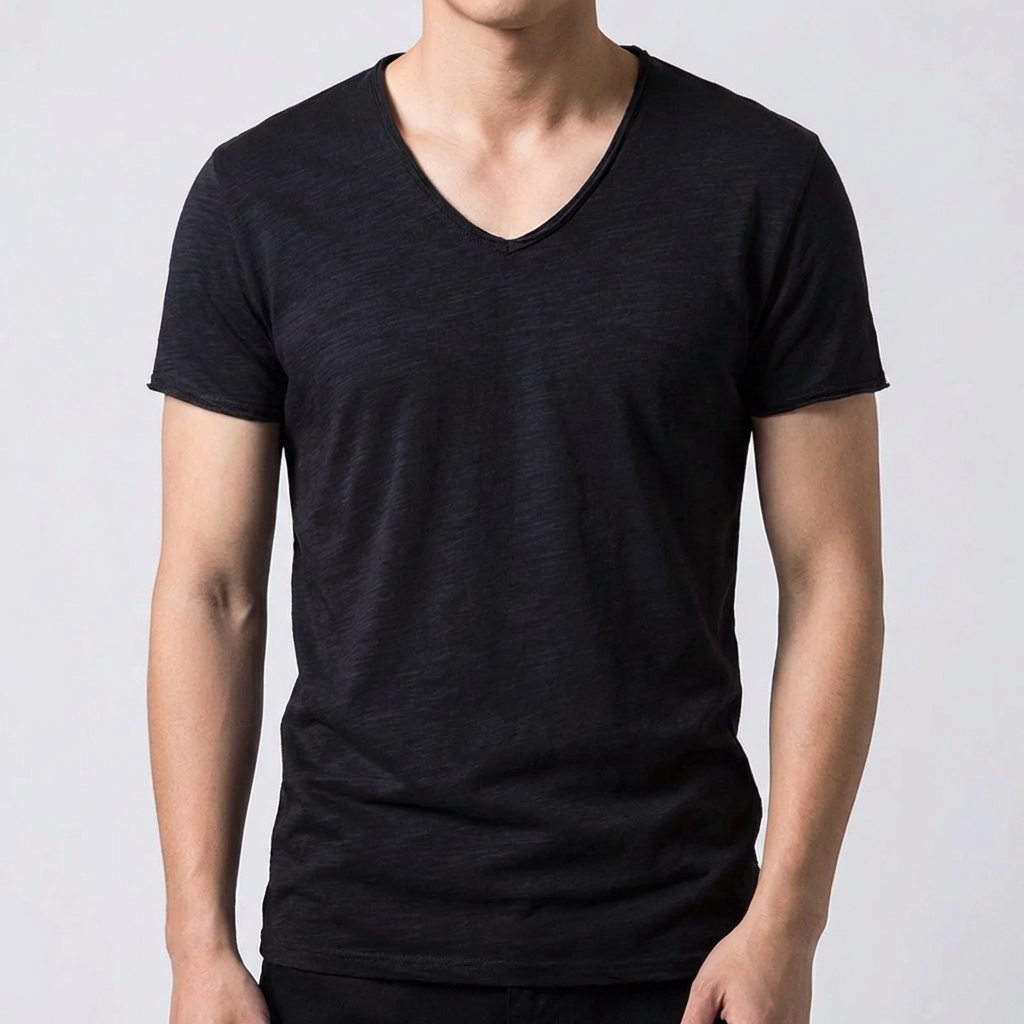 T-shirt homme noir à col en V et manches courtes, coupe ajustée