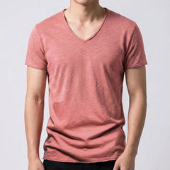T-shirt homme rouge rosé à col en V et manches courtes, coupe ajustée