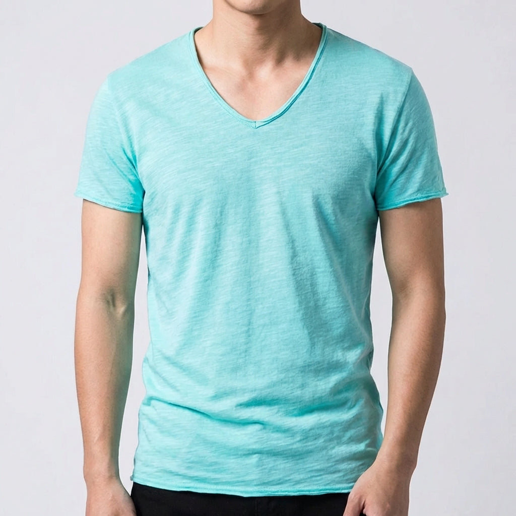 T-shirt homme turquoise à col en V et manches courtes, coupe ajustée