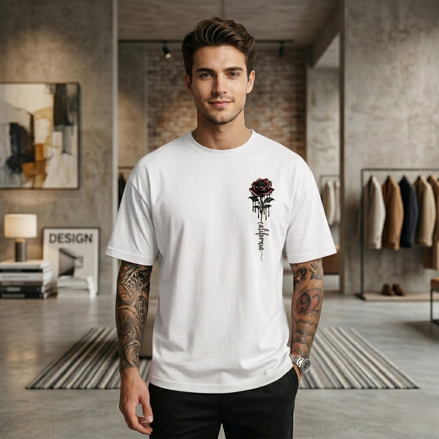 T-Shirt Homme Oversize Col Rond Manches Courtes Motif Rose Graphique | Ronan - Blanc