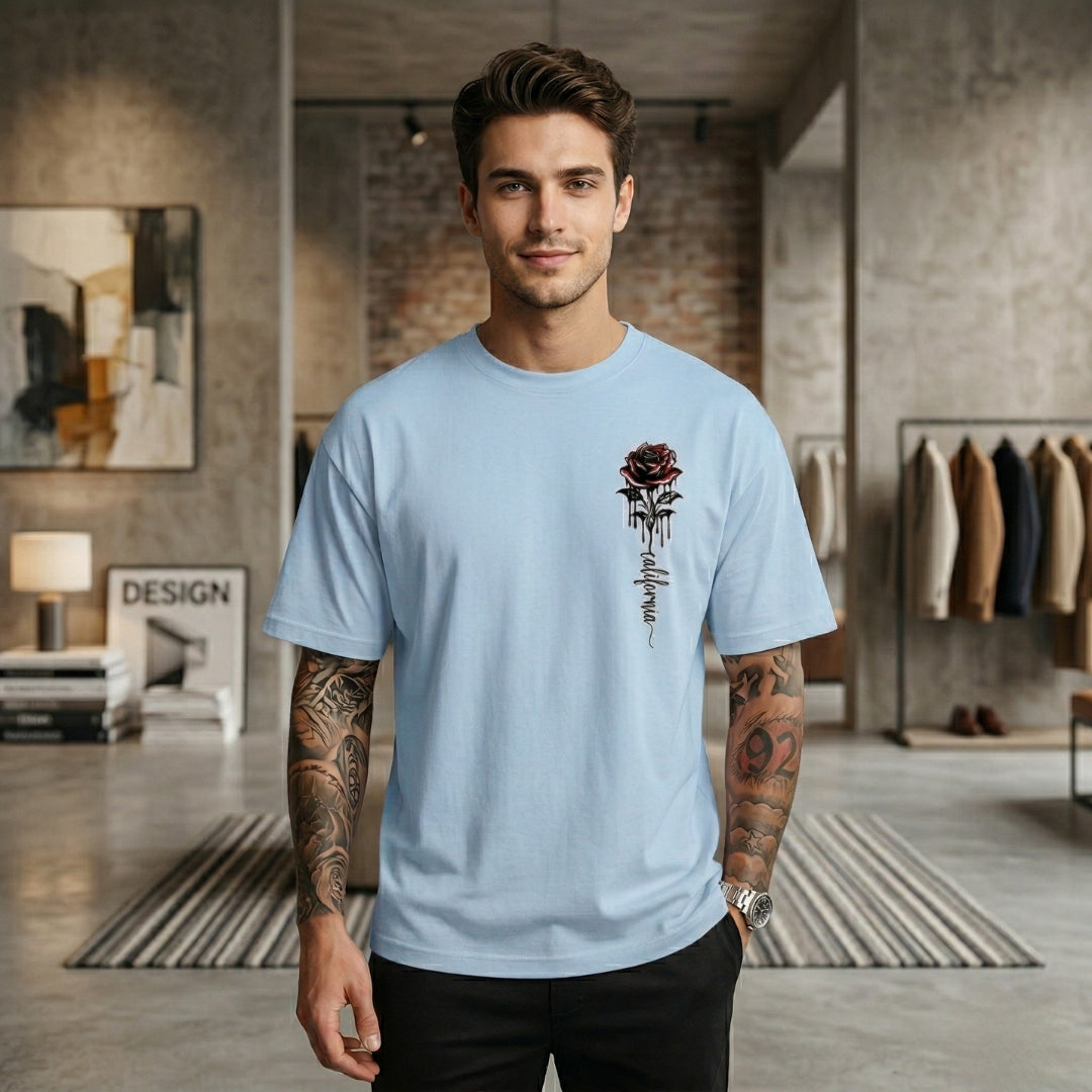 T-Shirt Homme Oversize Col Rond Manches Courtes Motif Rose Graphique | Ronan - Bleu