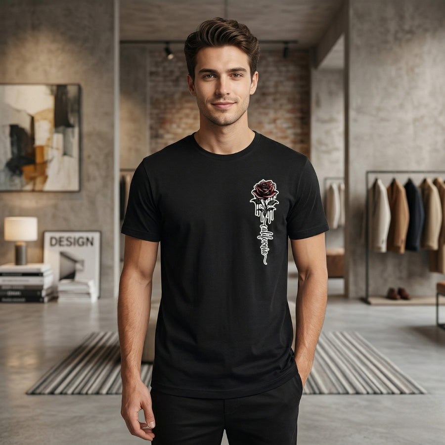 T-Shirt Homme Oversize Col Rond Manches Courtes Motif Rose Graphique | Ronan - Noir