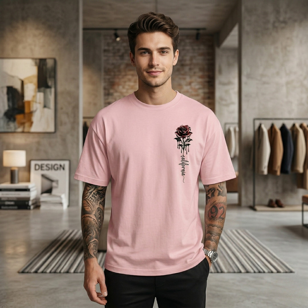 T-Shirt Homme Oversize Col Rond Manches Courtes Motif Rose Graphique | Ronan - Rose