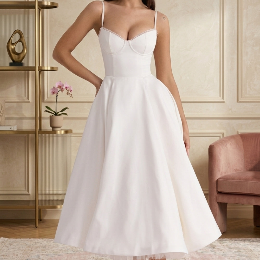 Robe Femme Midi Bustier Bretelles Fines Évasée Cérémonie Été Blanc | Séraphine