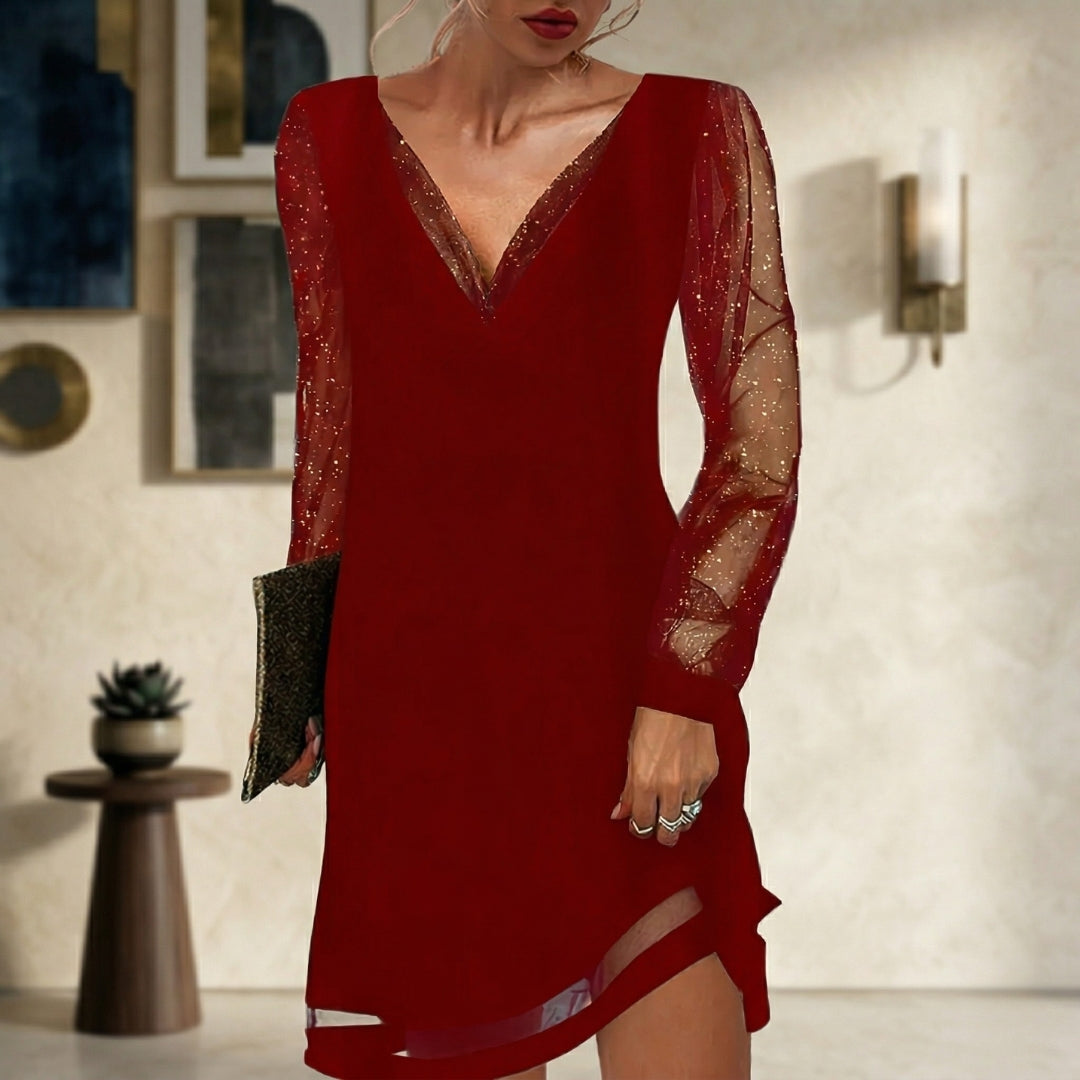 Robe Femme Courte Col V Manches Longues Dentelle Chic | Séverine - Rouge