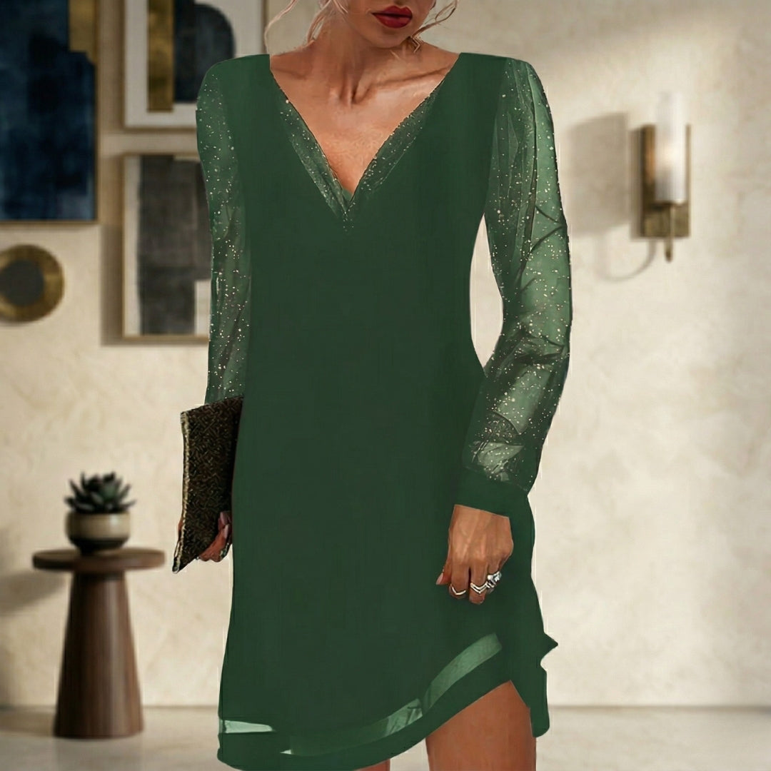 Robe Femme Courte Col V Manches Longues Dentelle Chic | Séverine - Vert Foncé