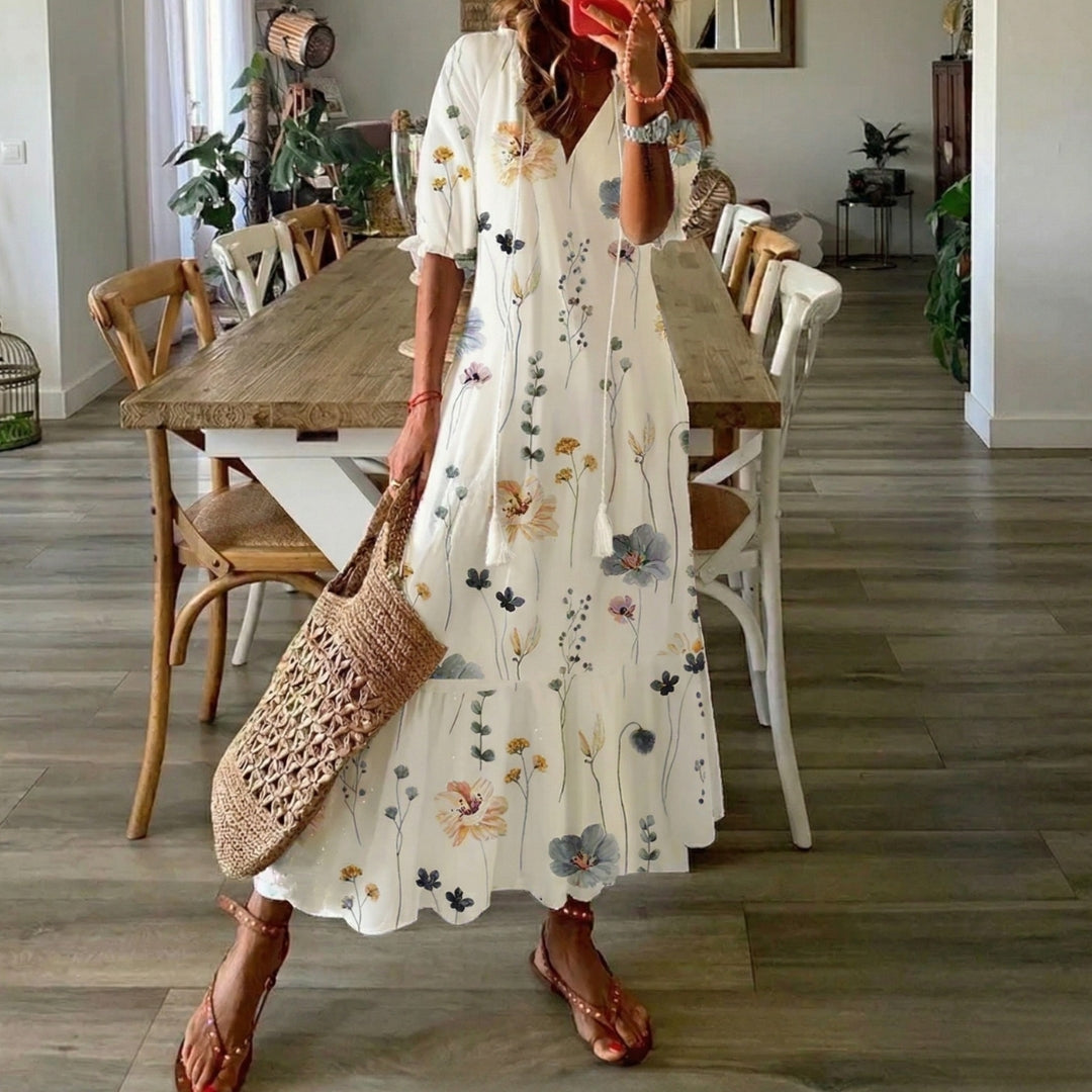 Robe Femme Longue Col V Manches Courtes Été Bohème Imprimé Fleuri | Serena - Blanc