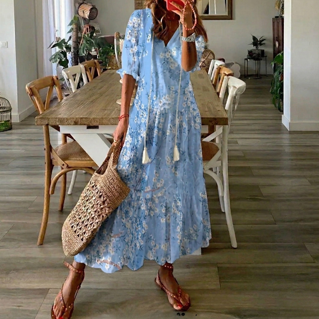 Robe Femme Longue Col V Manches Courtes Été Bohème Imprimé Fleuri | Serena - Bleu