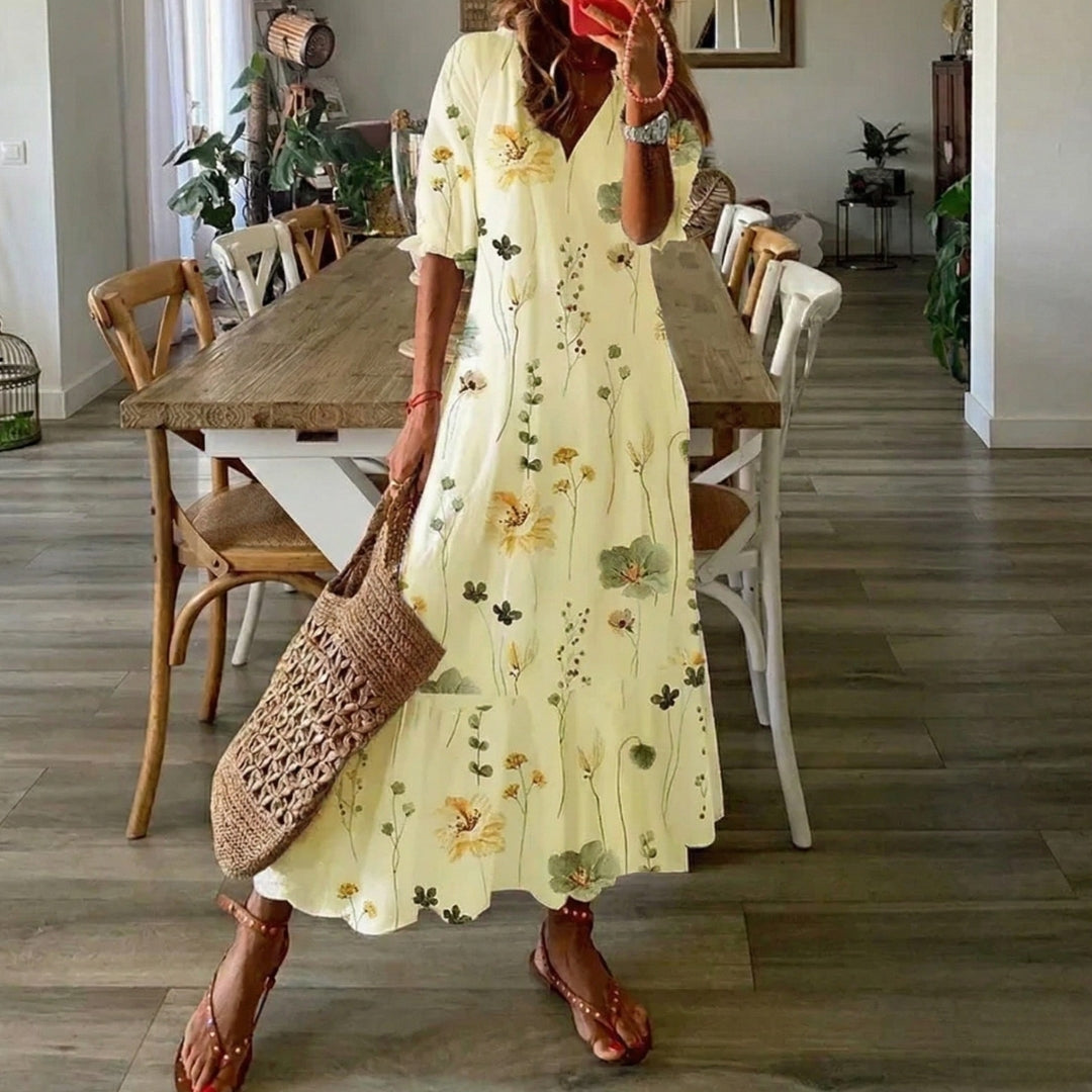 Robe Femme Longue Col V Manches Courtes Été Bohème Imprimé Fleuri | Serena - Jaune