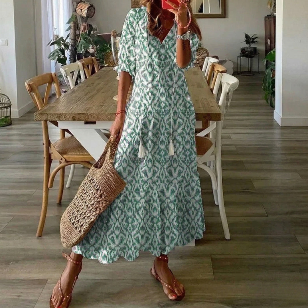 Robe Femme Longue Col V Manches Courtes Été Bohème Imprimé Fleuri | Serena - Vert