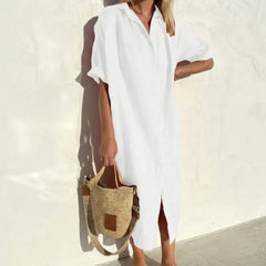 Robe Femme Longue Chemise Col Boutonné Manches Courtes Été Casual Blanc | Solène