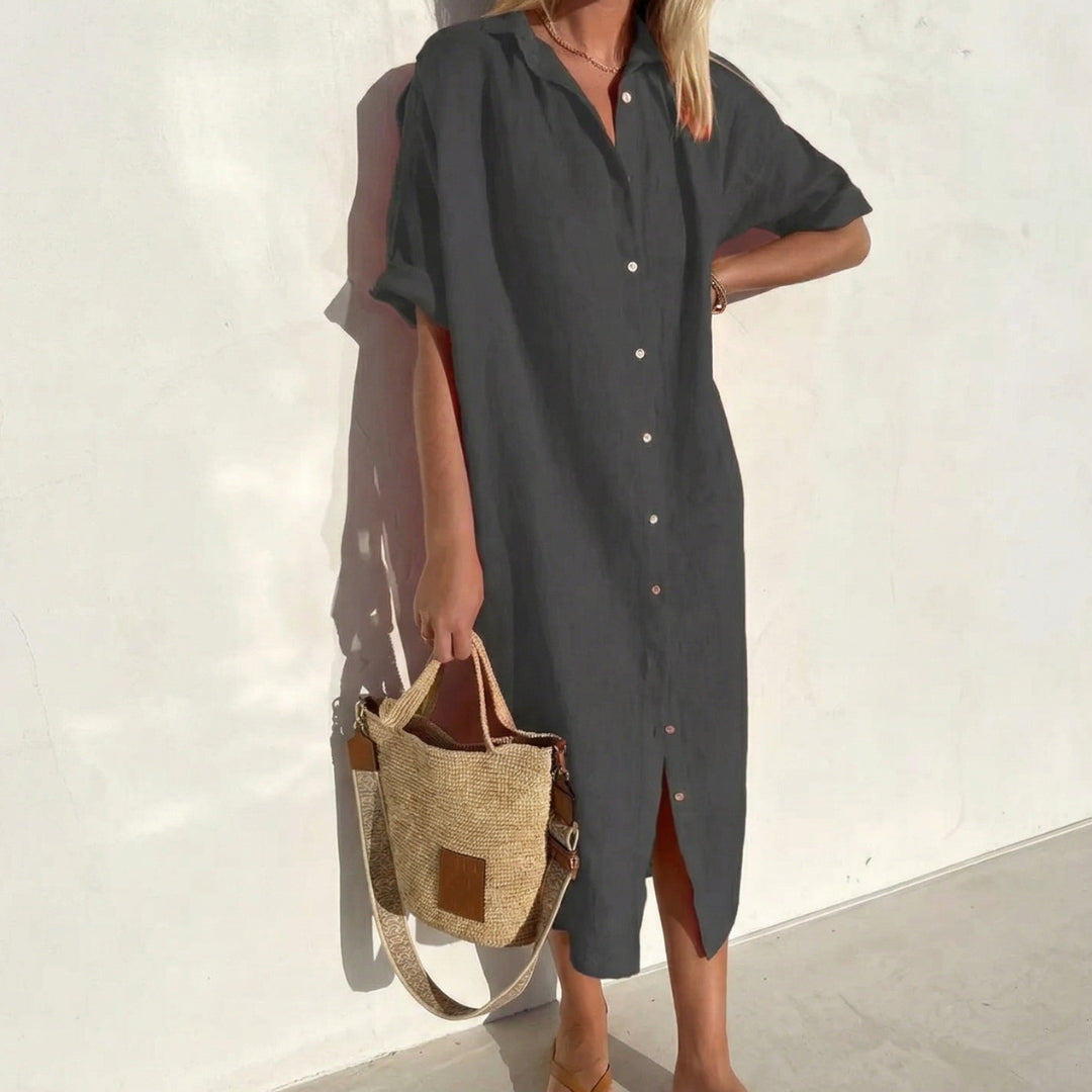 Robe Femme Longue Chemise Col Boutonné Manches Courtes Été Casual Gris Foncé | Solène