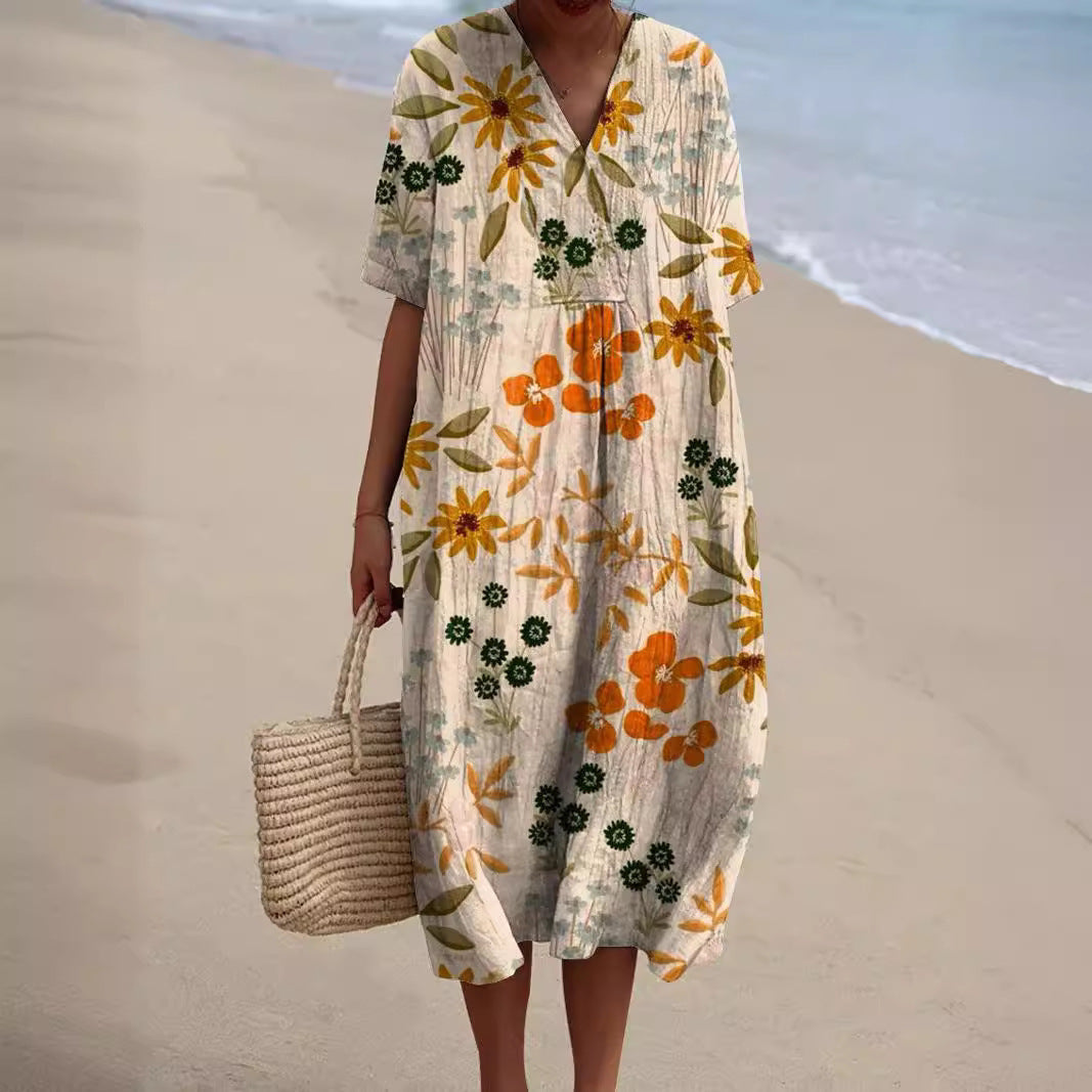 Robe midi femme imprimé floral fond beige tons orangés, col chemise, silhouette décontractée