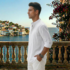 Chemise Homme Lin Col Mao Manches Longues Coupe Décontractée Casual | Tobias Blanc