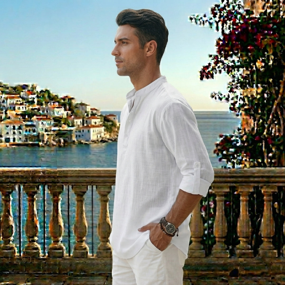 Chemise Homme Lin Col Mao Manches Longues Coupe Décontractée Casual | Tobias Blanc