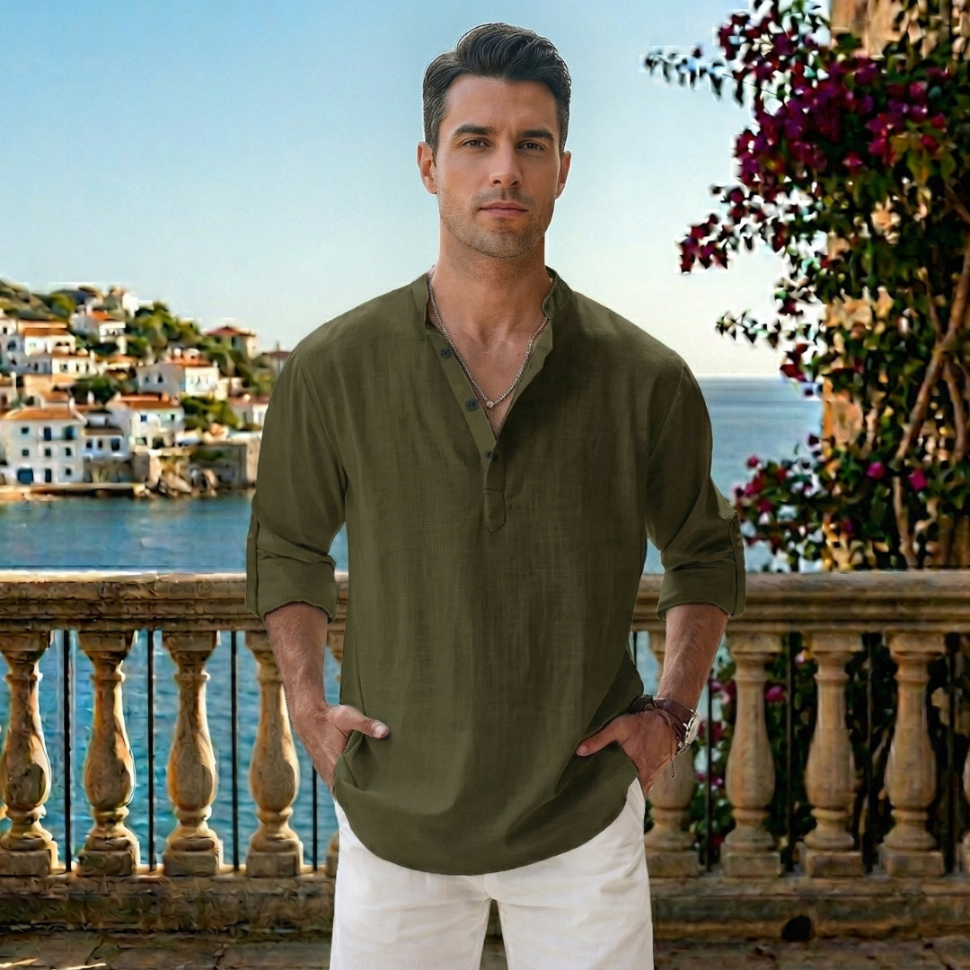 Chemise Homme Lin Col Mao Manches Longues Coupe Décontractée Casual | Tobias Vert Armée