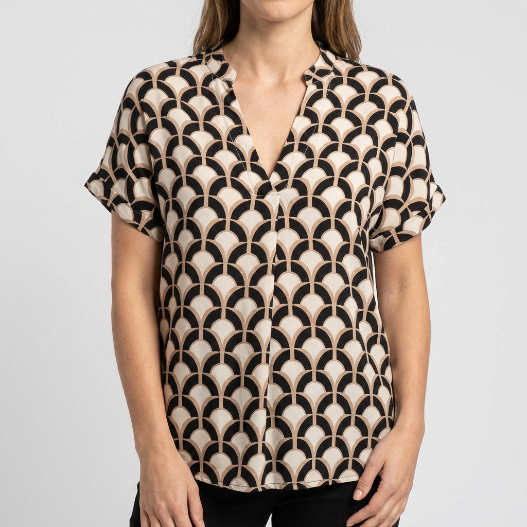 Blouse à manches courtes en beige avec imprimé géométrique fleuri, coupe décontractée