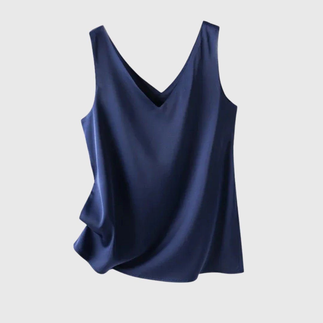 Débardeur femme col V bleu marine à plat sur fond blanc
