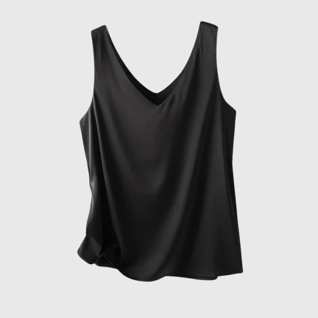 Débardeur femme col V noir à plat sur fond blanc