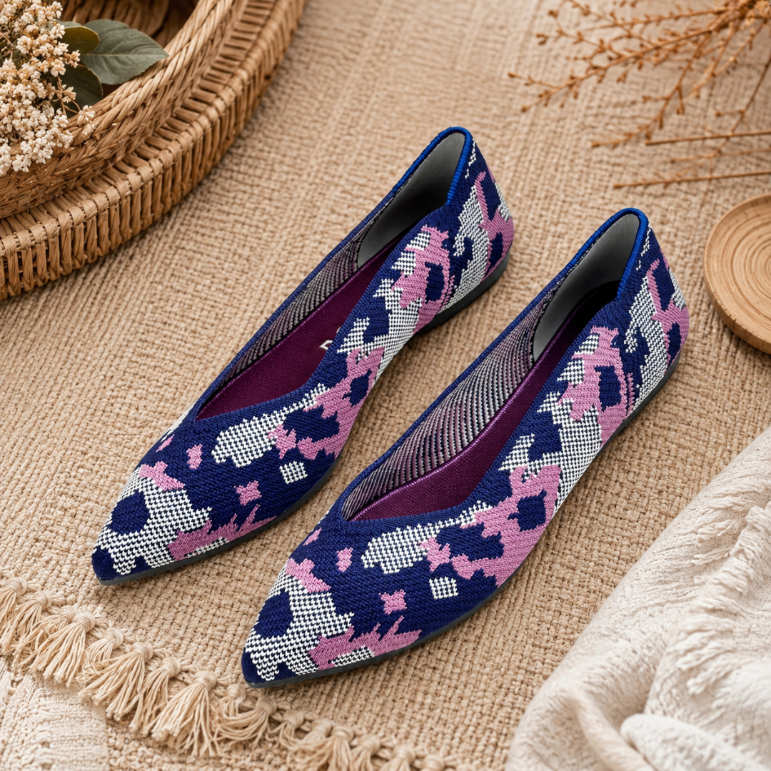 Ballerines bleu marine et rose à motifs abstraits, bout pointu et intérieur violet