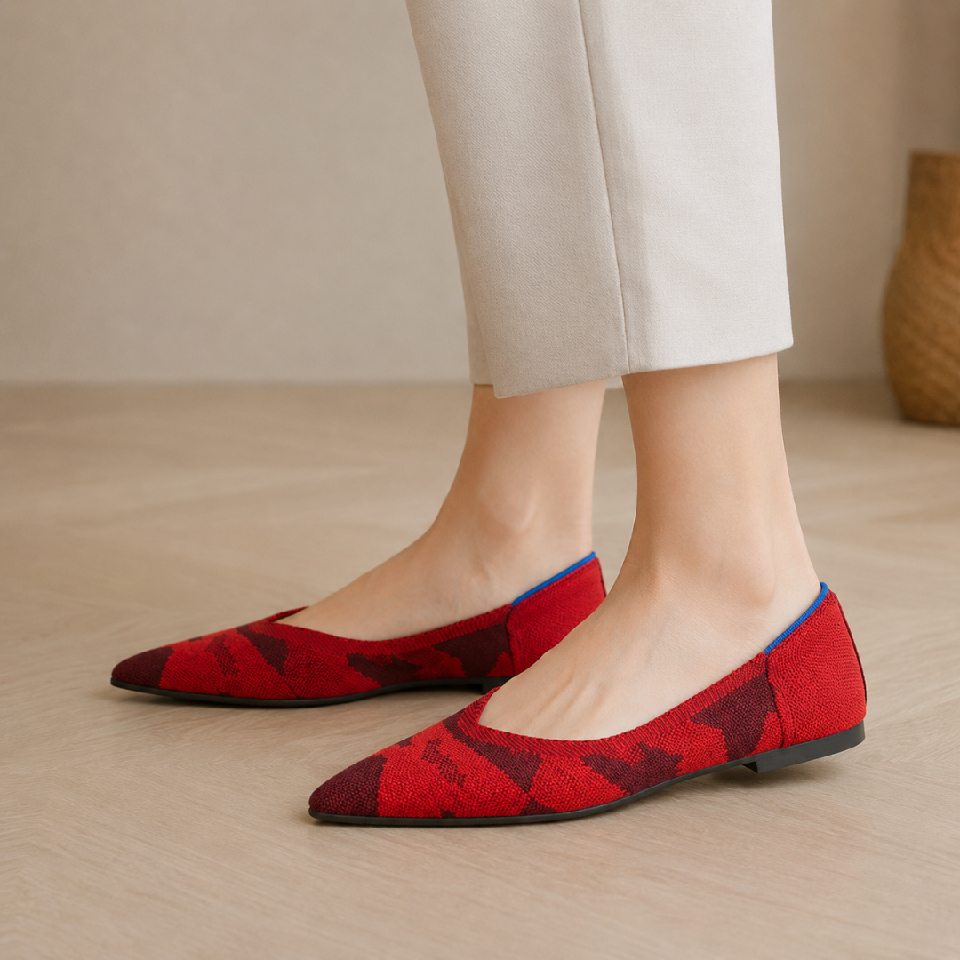 Ballerines rouges tricotées avec liseré bleu au talon et semelle plate noire
