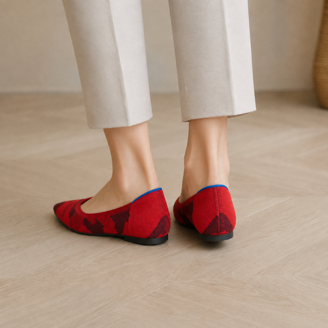 Ballerines rouges vues de dos, talon plat noir et bord bleu vif