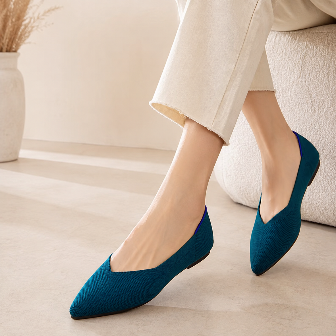 Ballerines bleu paon à bout pointu et échancrure en V, semelle plate fine
