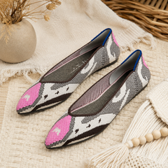 Ballerines beige et brun à motifs animaliers avec bout pointu rose et liseré bleu