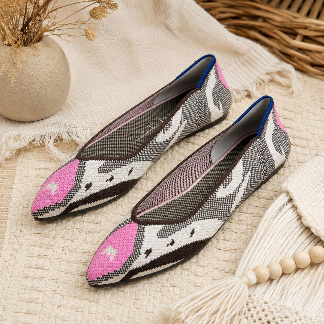 Ballerines beige et brun à motifs animaliers avec bout pointu rose et liseré bleu
