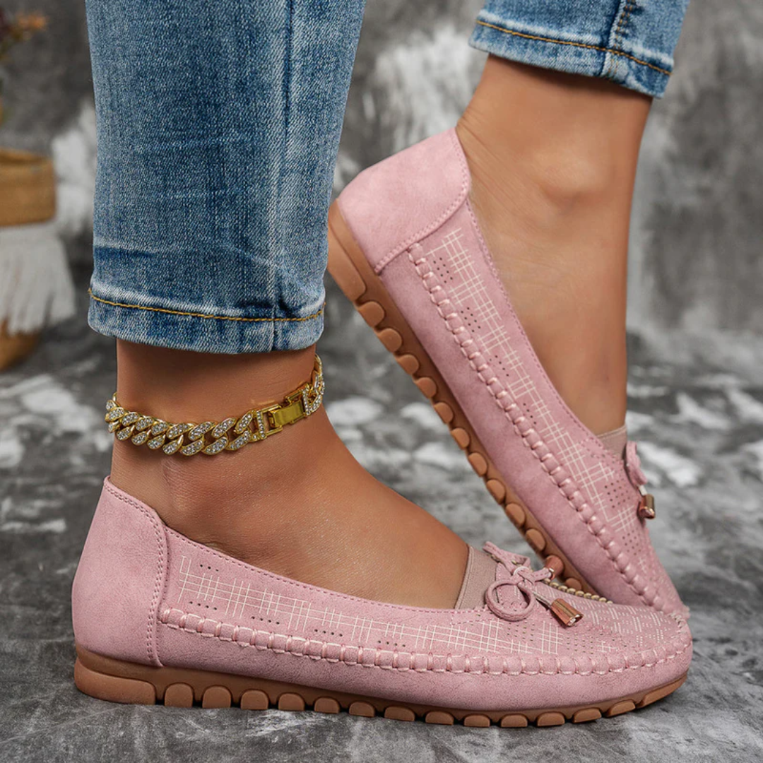 Ballerines Selena rose sur fond marbré, vue du dessus