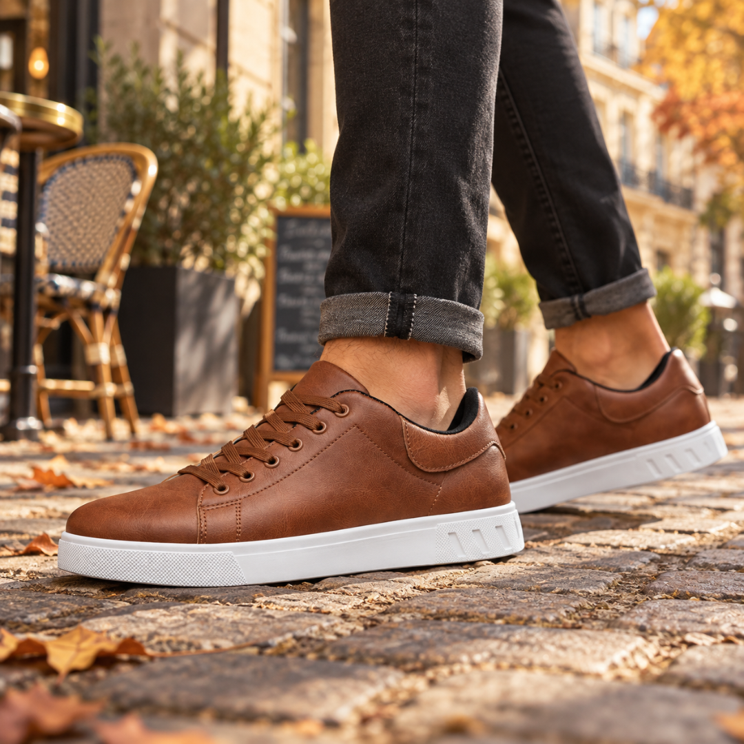 Baskets homme marron effet cuir de profil, lacets assortis et bout rond