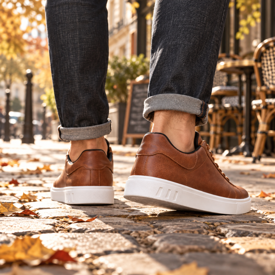 Vue arrière des baskets marron, talon cranté et semelle blanche épaisse