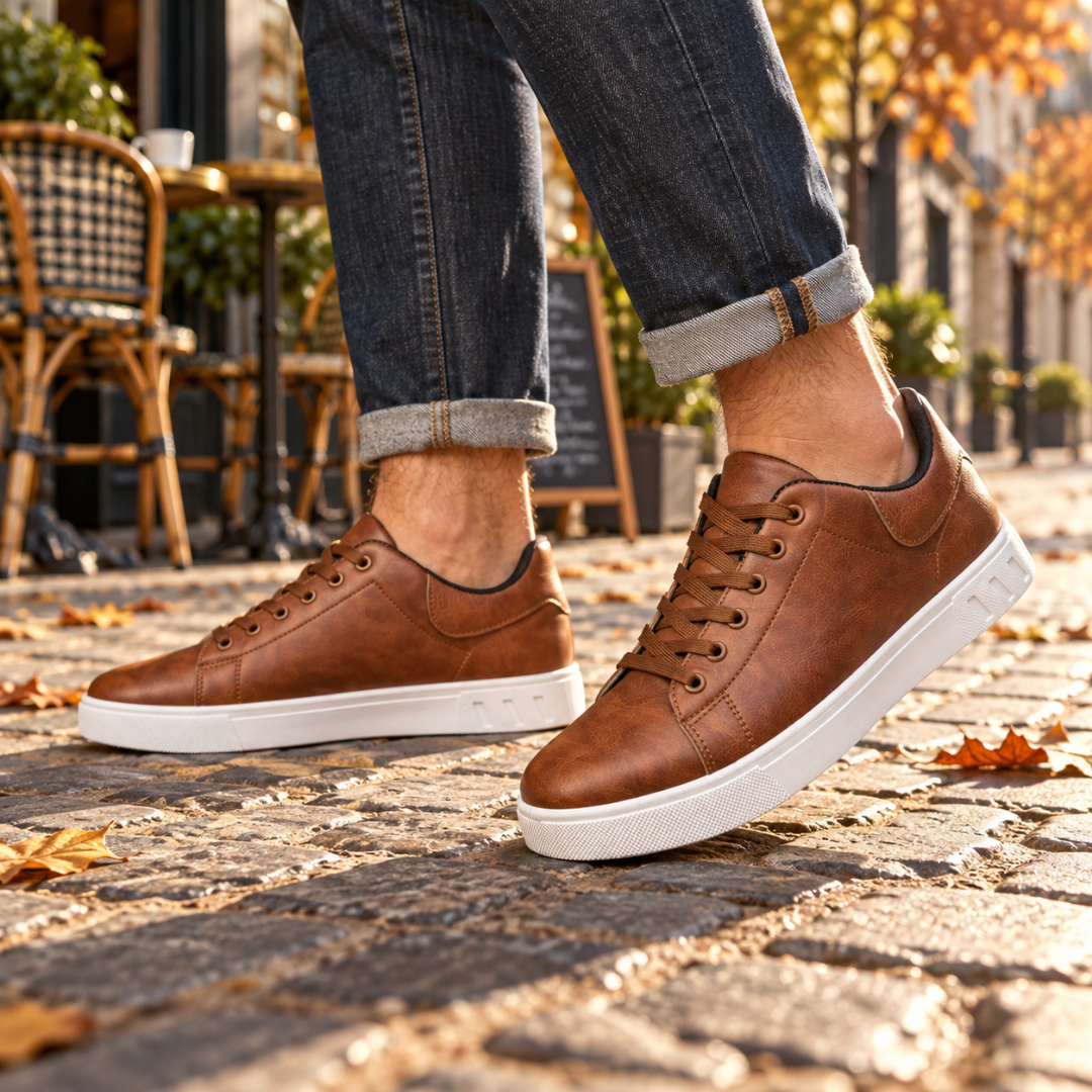 Paire de baskets basses marron, surpiqûres apparentes et col à bordure contrastante