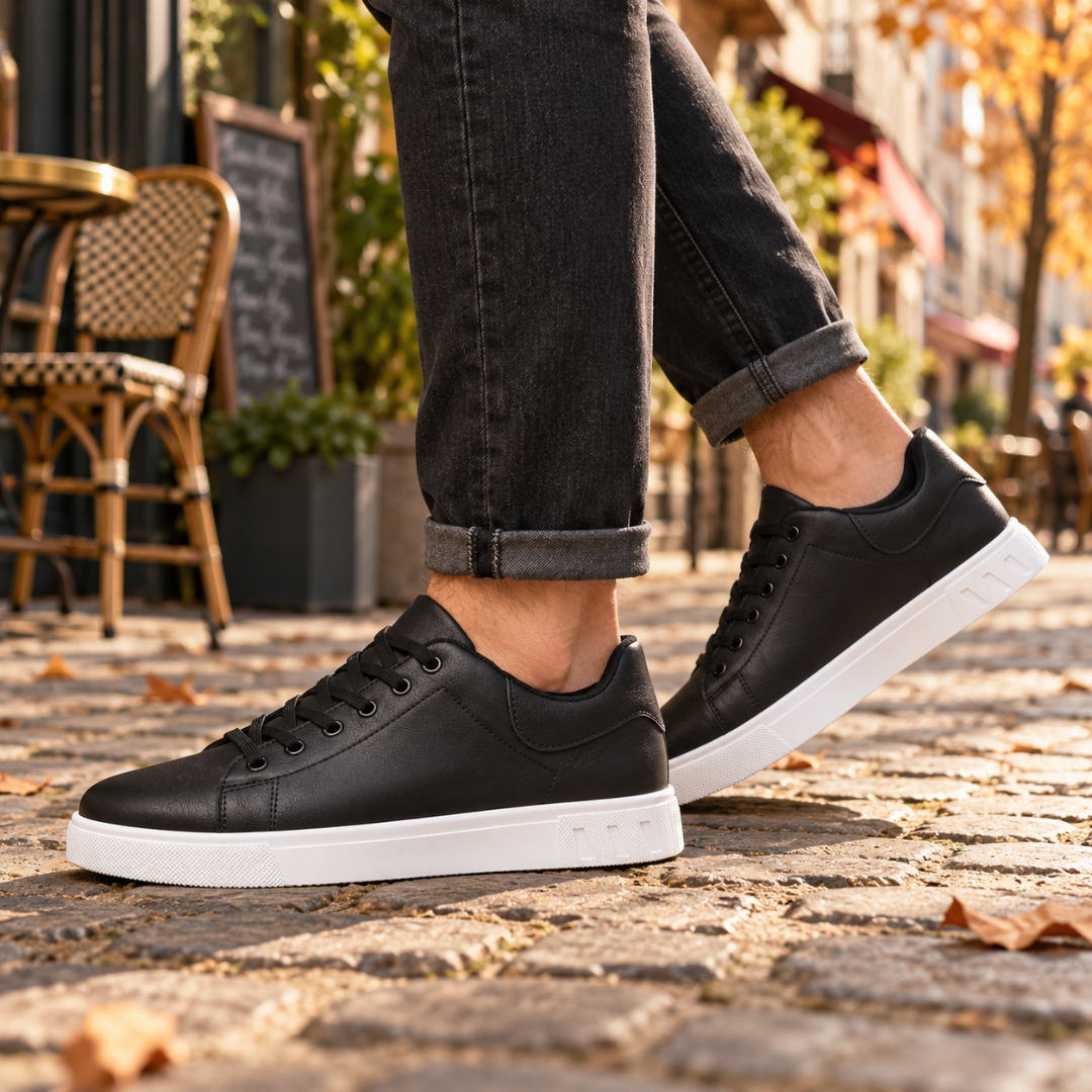 Baskets basses homme noires à lacets, semelle blanche, portées en ville