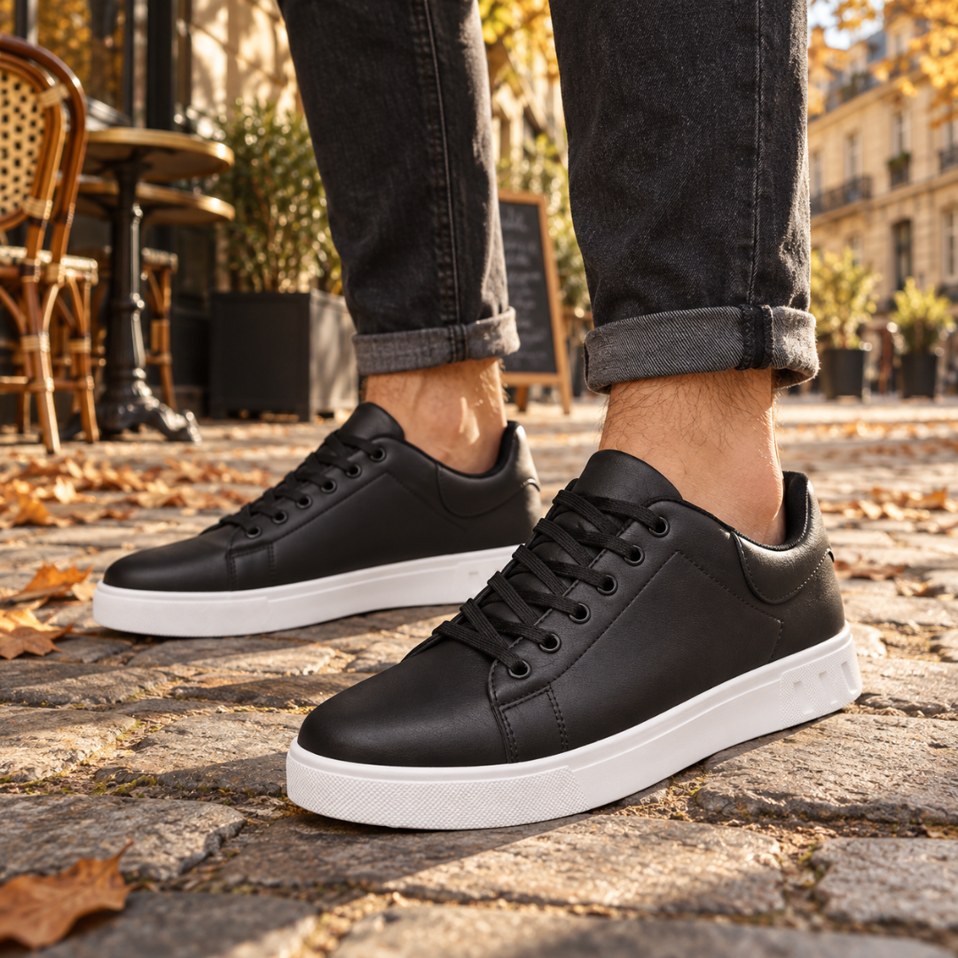 Baskets homme noires effet cuir vues de face, œillets noirs et bout rond