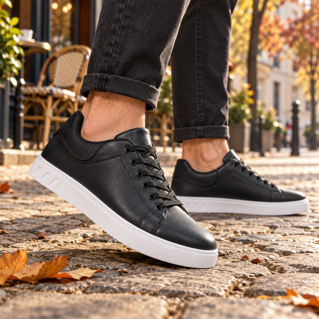 Baskets noires en marche, panneaux latéraux surpiqués et semelle blanche crantée