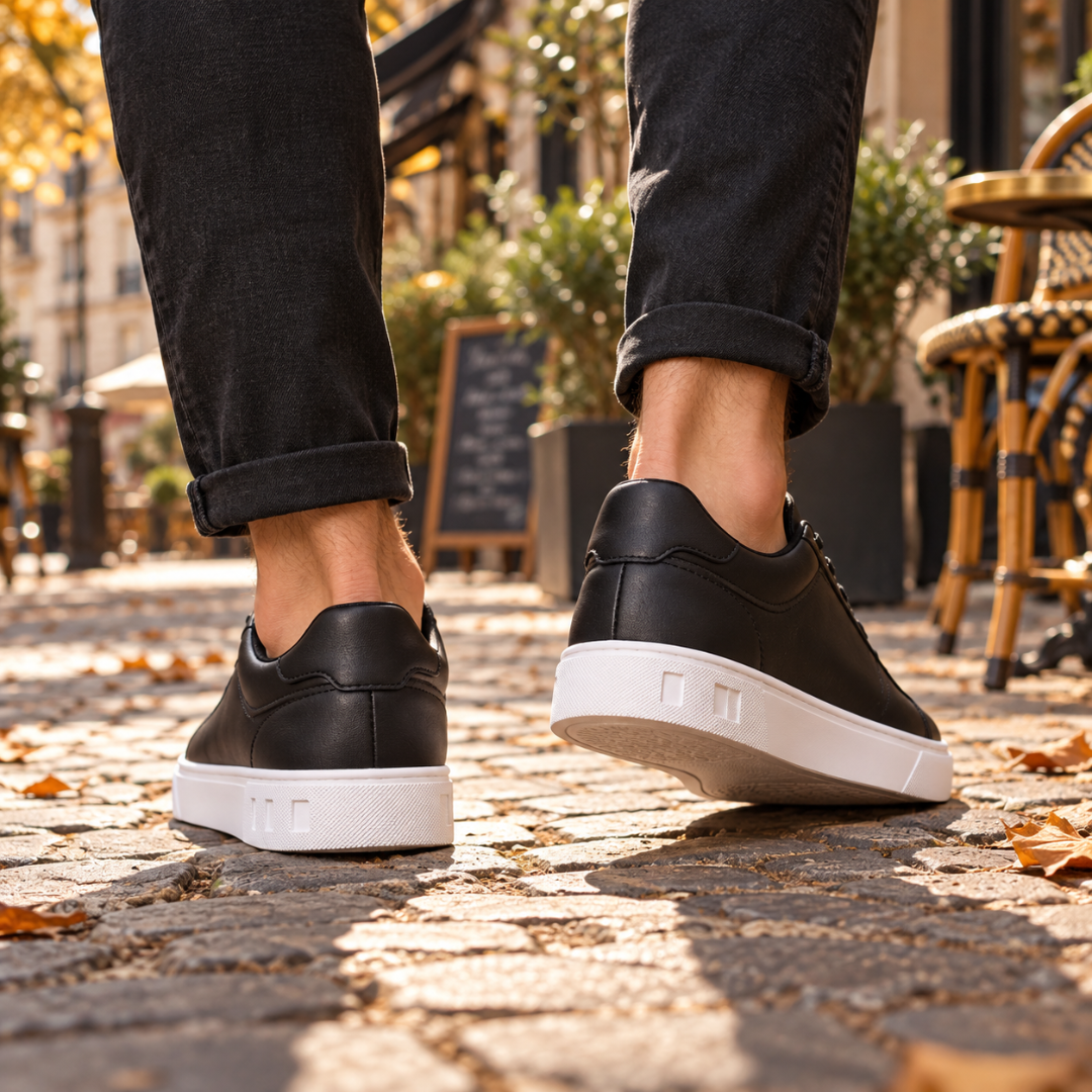 Vue arrière des baskets homme noires, contrefort net et semelle blanche épaisse