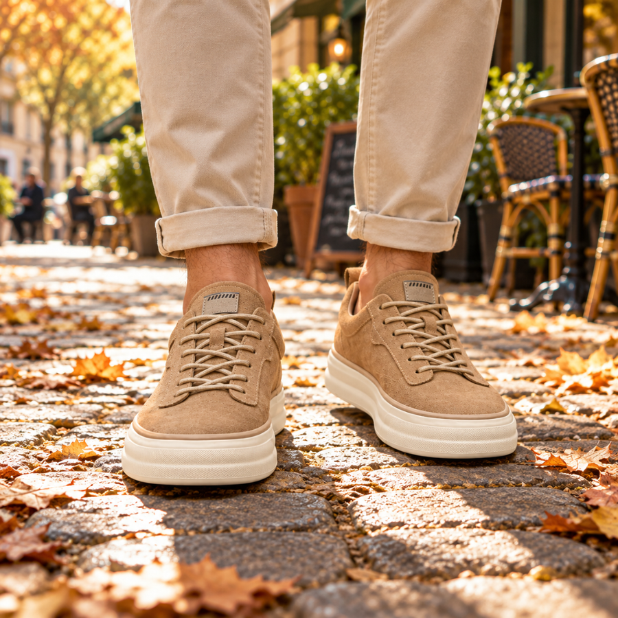 Baskets basses homme beige à lacets portées sur pavés, semelle épaisse crème