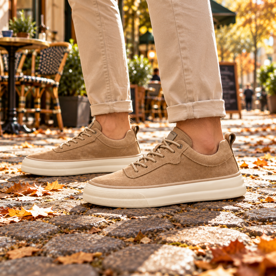 Baskets homme beige vues de profil, tige basse et semelle crème épaisse