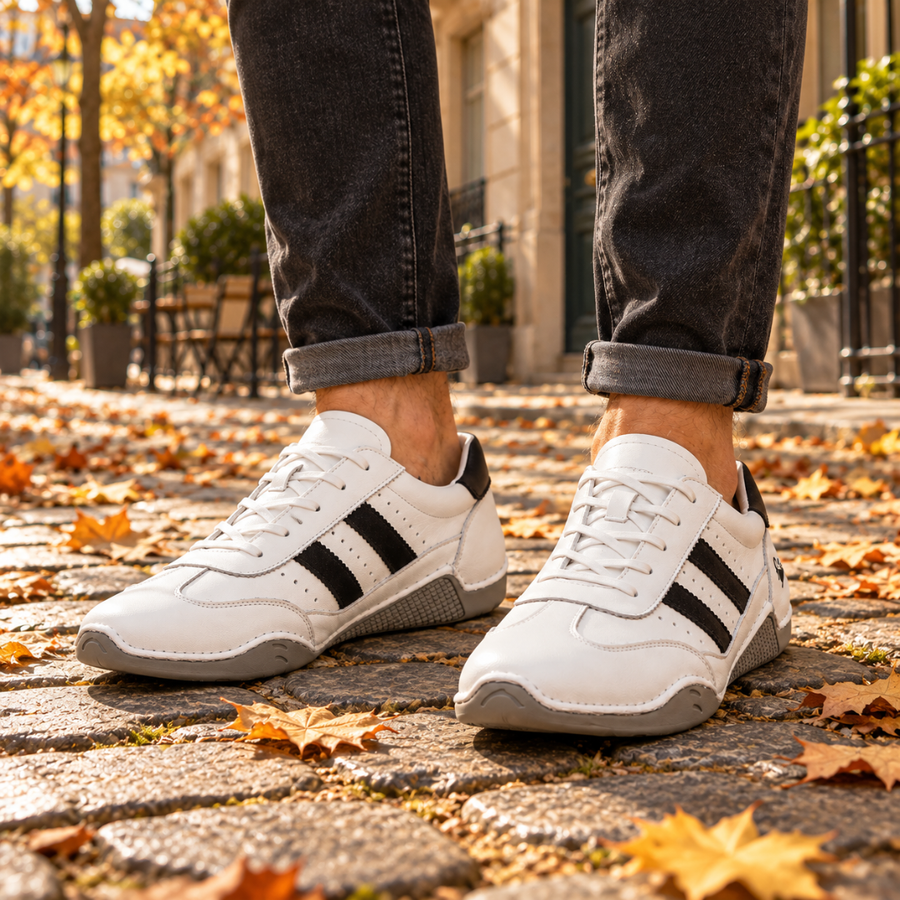Baskets homme blanches à trois bandes noires et lacets, portées sur pavés