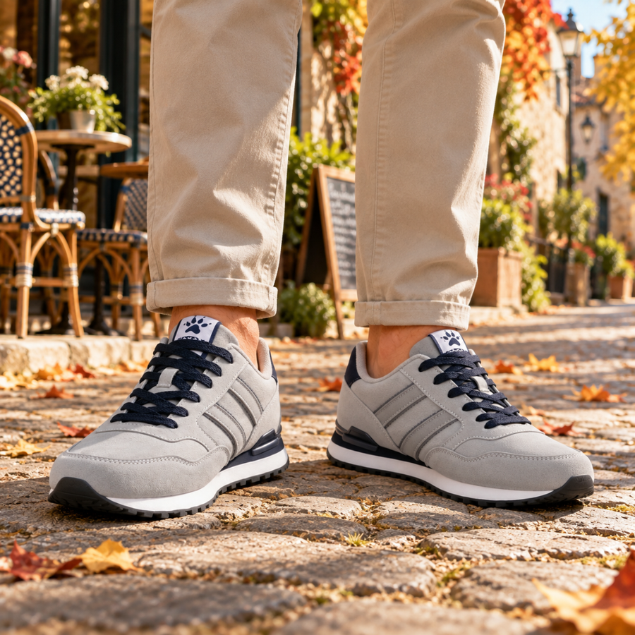 Baskets homme grises à lacets foncés et bandes contrastées, portées avec un chino beige